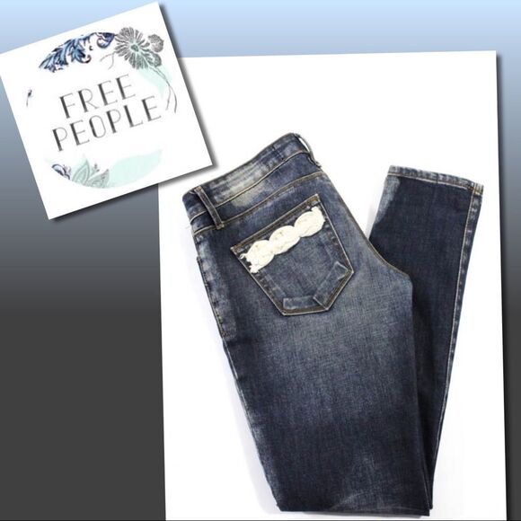 Free People Acid Washed Crochet Skinny Jeans 26 - Picture 1 of 5